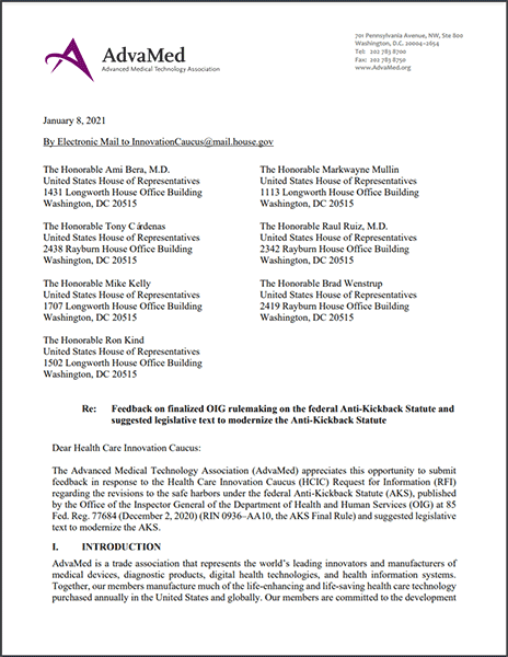 first page of AdvaMed Letter Regarding HCIC RFI on AKS Final Rule