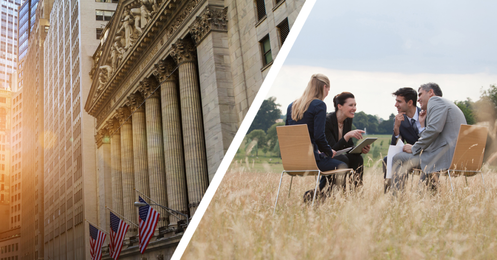 Wall Street on the left, on the right professional colleagues meet in a field