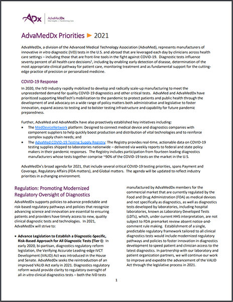first page of AdvaMedDx Priorities 2021