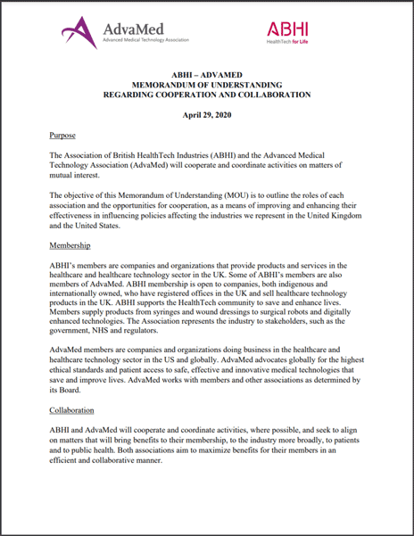 first page of the AdvaMed® ABHI MoU