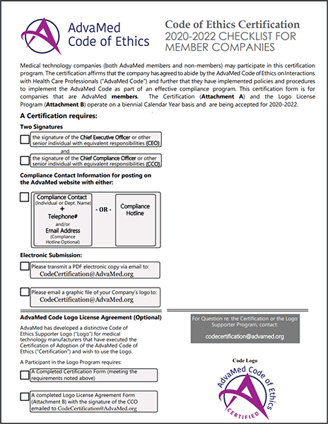 first page of 2020-2022 AdvaMed Code Of Ethics Member Certification And Logo Agreement