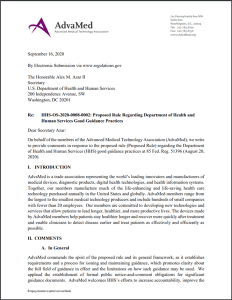 first page of AdvaMed® Comments on Good Guidance Practices