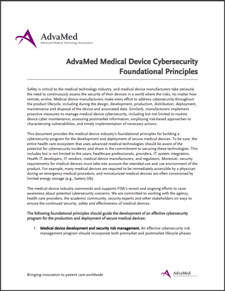 first page of AdvaMed Medical Device Cybersecurity Foundational Principles