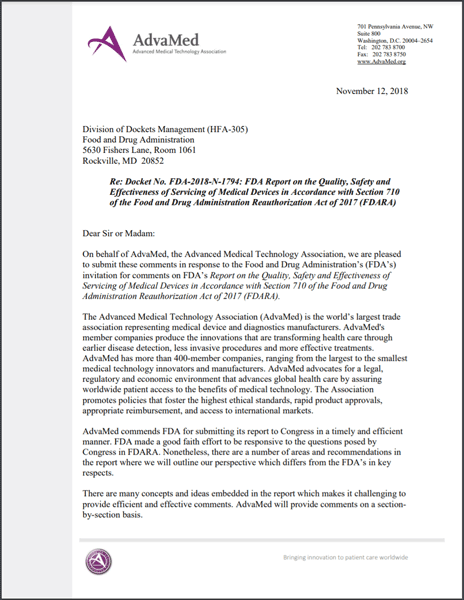 first page of AdvaMed comments letter