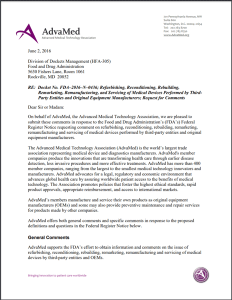 first page of AdvaMed Comments on Servicing of Medical Devices Performed by Third-Party Entities