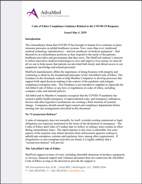 first page of Code Of Ethics Compliance Guidance Related To The COVID-19 Response