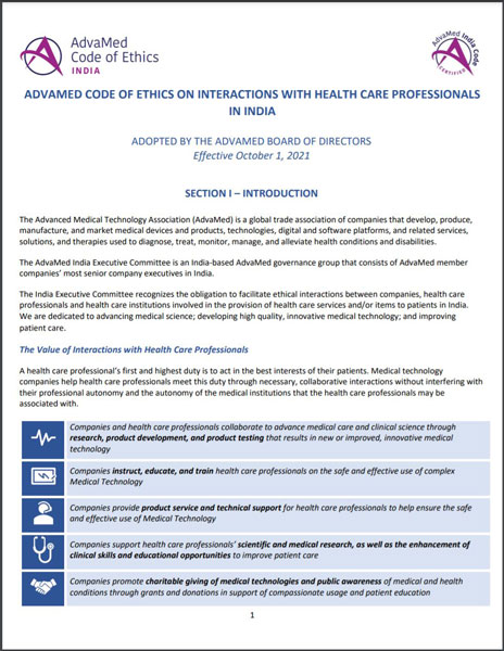 first page of AdvaMed India Code of Ethics