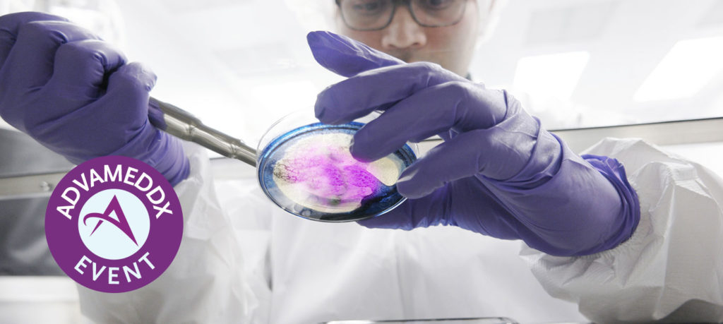 scientist injects purple substance in petri dish