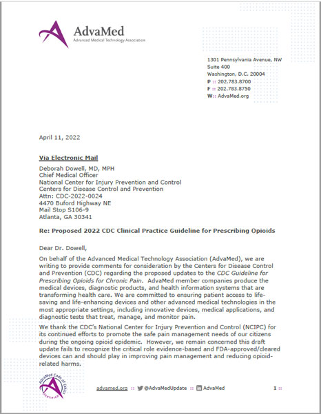 first page of AdvaMed® Comments on Proposed CDC Clinical Practice Guideline for Prescribing Opioids