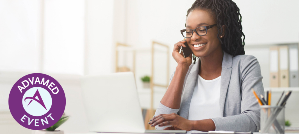 woman on phone in office smiling and talking