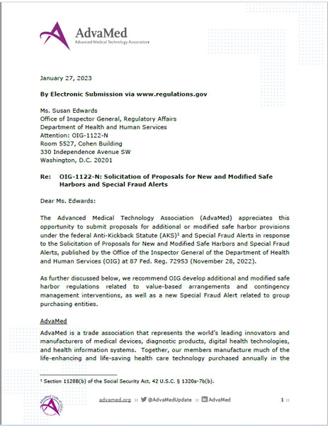 first page of AdvaMed comment letter