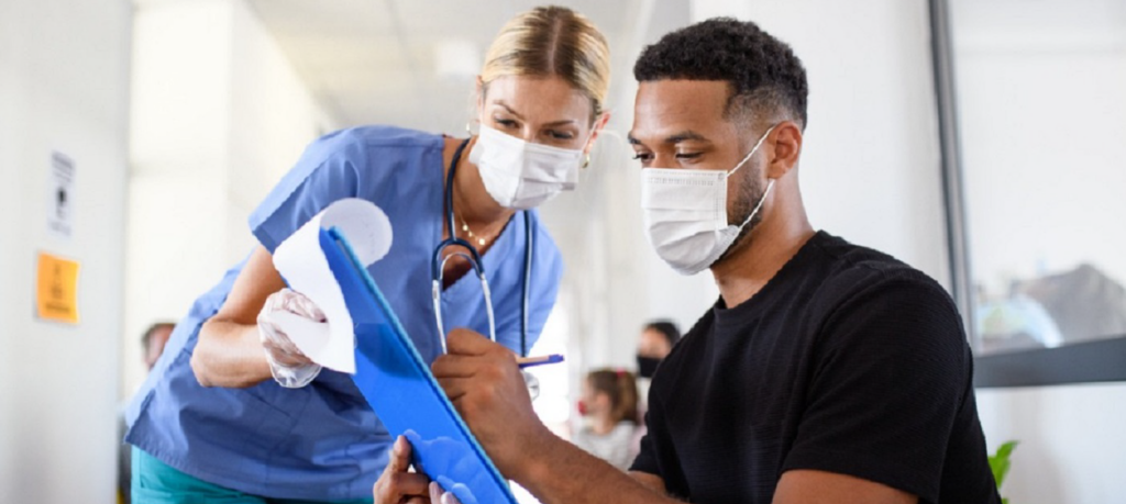 Nurse and man with masks