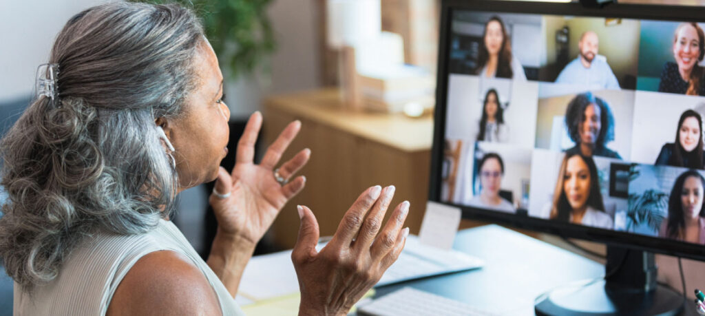 Woman talking on a conference call