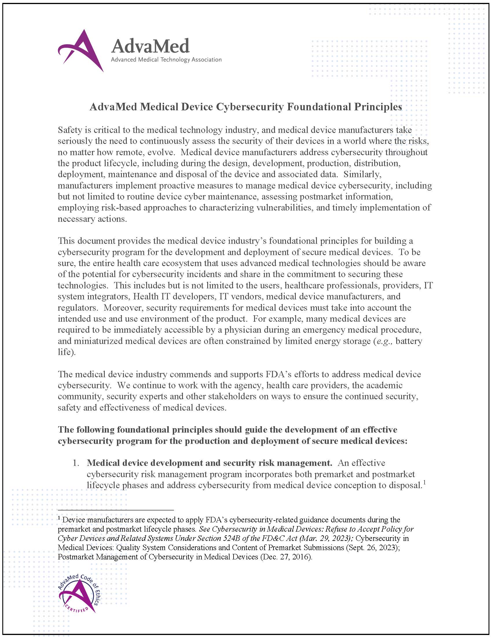 AdvaMed Medical Device Cybersecurity Foundational Principles AdvaMed