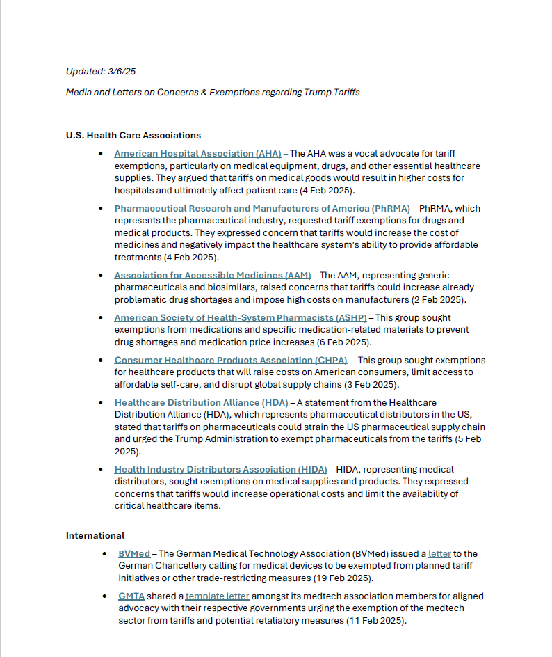 A document titled "Health Care Organizations on Concerns & Exemptions Regarding Tariffs" lists U.S. healthcare associations and international organizations advocating for tariff exemptions on medical products. The text is formatted with bullet points detailing key arguments from various healthcare groups.