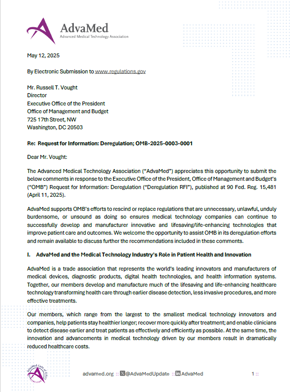 AdvaMed response letter to OMB’s RFI on deregulation, highlighting support for regulatory reform that fosters medical innovation and improved patient care, dated May 12, 2025.
