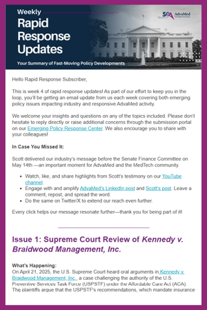 Screenshot of AdvaMed’s “Rapid Response Updates” email featuring a summary of fast-moving policy developments
