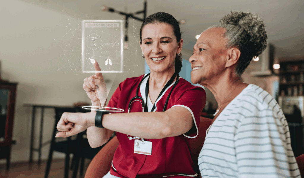Nurse showing a senior woman health data on a smartwatch using futuristic medtech interface.