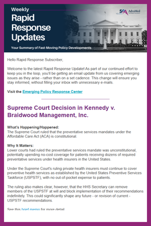 Screenshot of the Weekly Rapid Response Updates email from AdvaMed, highlighting the Supreme Court decision in Kennedy v. Braidwood Management, Inc. and its implications for preventive care under the ACA.