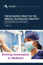 Cover of the AdvaMed and Frost & Sullivan report titled “The Economic Impact of the Medical Technology Industry” showing a masked healthcare professional in surgical attire with the text “Driving Innovation in Medtech.”