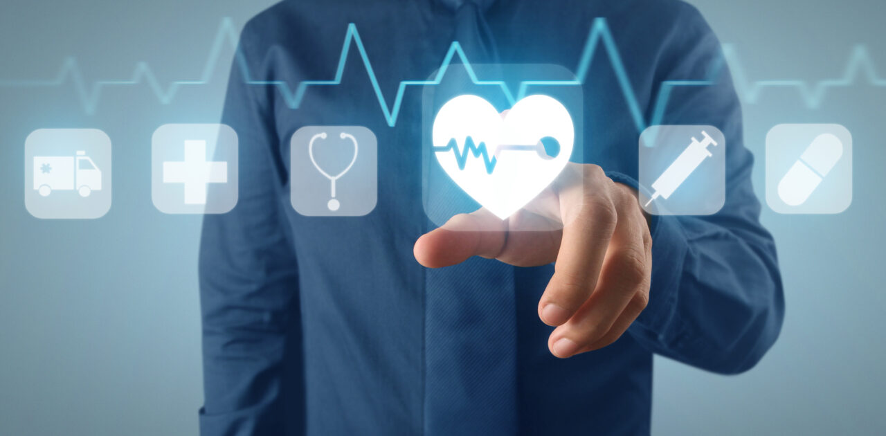 Hand double exposure of healthcare And Medicine concept. virtual screen interface