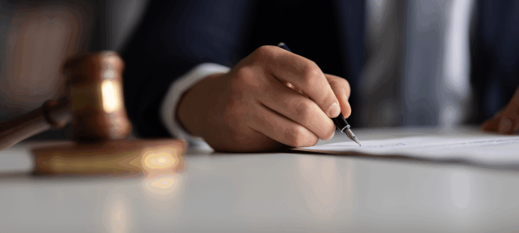 Judge or Legal advisor lawyer examining and signing legal documents.