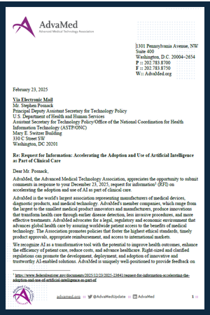 Cover image of AdvaMed's comment letter to ASTP/ONC on accelerating AI adoption and use in clinical care.