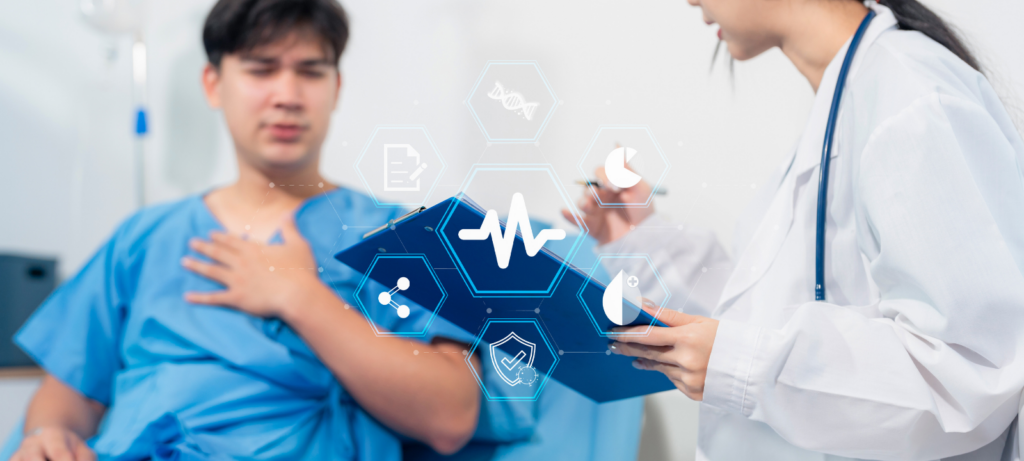 Female doctor and assistant provide expert care during a follow-up health examination for a male patient.